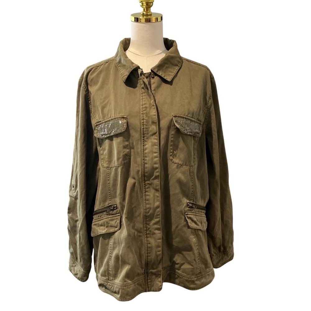 Torrid Utility Jacket Womens 2 Olive Green Good Rhinestone Cotton Military Coat